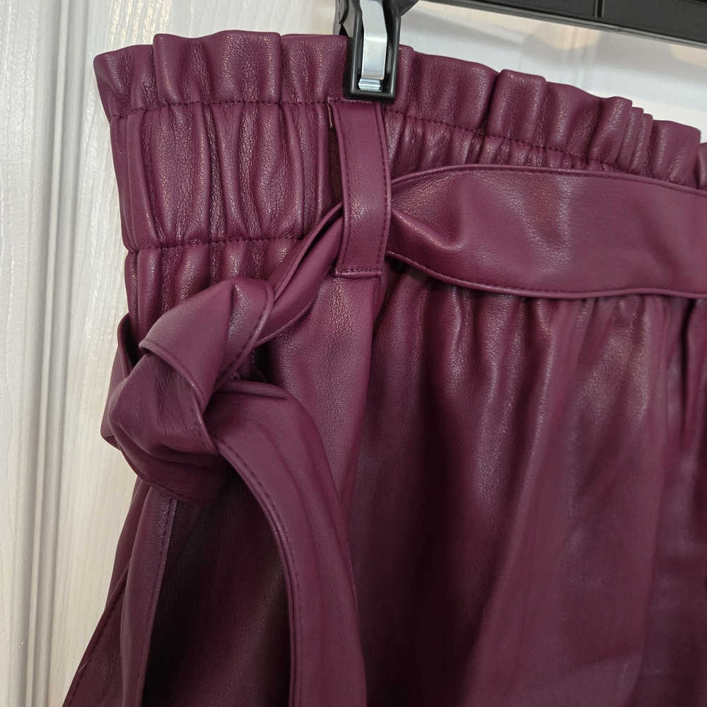 LOFT Faux Leather A-Line Skirt in Deep Plum with Self-Tie Belt - Picture 2 of 3